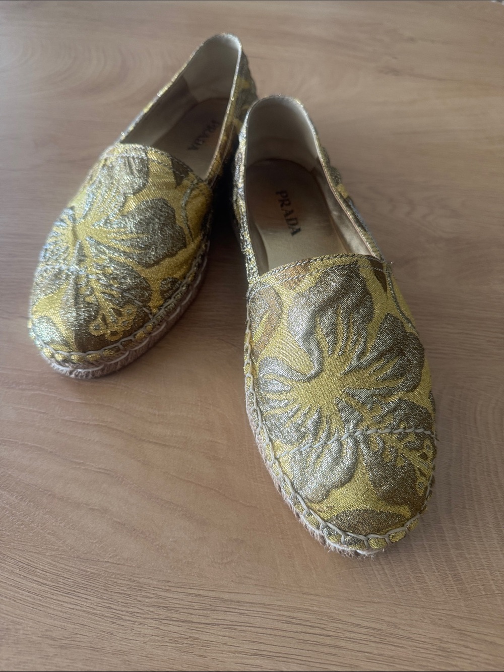 Prada Metallic Gold and Yellow Brocade Espadrille Flats